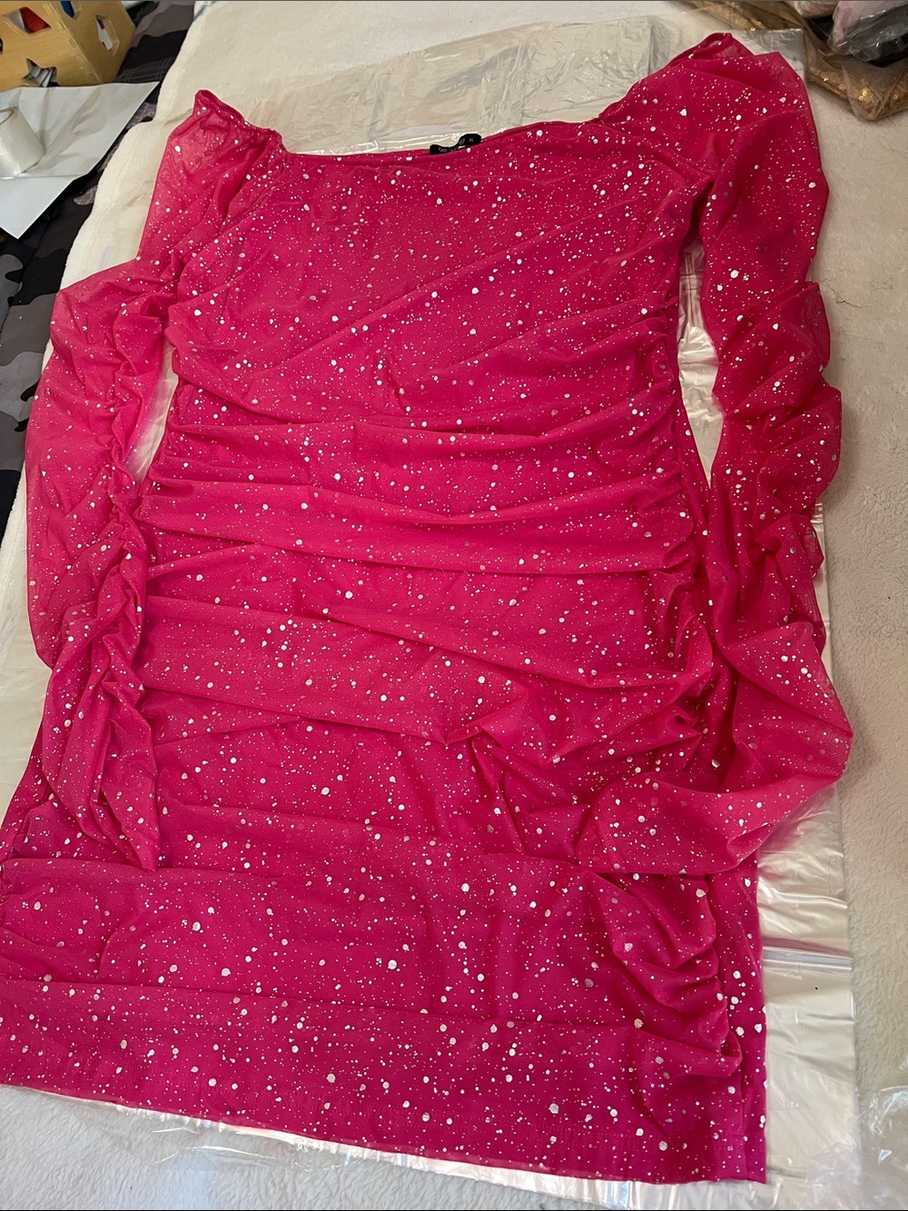 Hot Pink Long-Sleeve Ruched Sheer Sleeve Dress
